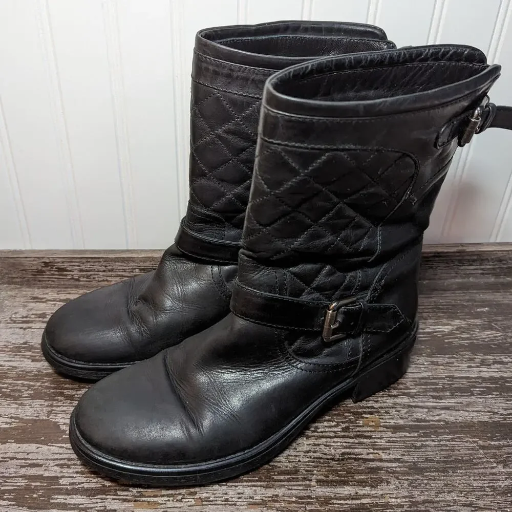 Aquatalia Women's Black Mid Calf Moto Style Quilted Leather Boots Size 8 - Picture 3 of 6